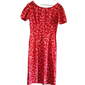 Vintage Red Poppy Floral Silk Retro Fitted Midi Dress